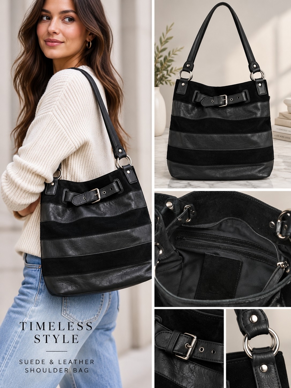 Timeless Style Black Suede & Leather Shoulder Bag